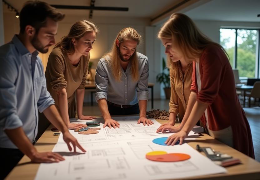Equipo de diseño revisando planos y muestras
